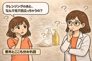 クレンジング後なのに、なぜか毛穴が目立ってしまう理由が分からず戸惑う女性と、白衣を着た専門家の女性が考え込んでいるイラスト。クレンジングボトルと泡立った洗顔料が背景に置かれ、「意外とここも分かれ目」という毛穴ケアの判断が難しいポイントを表現している。