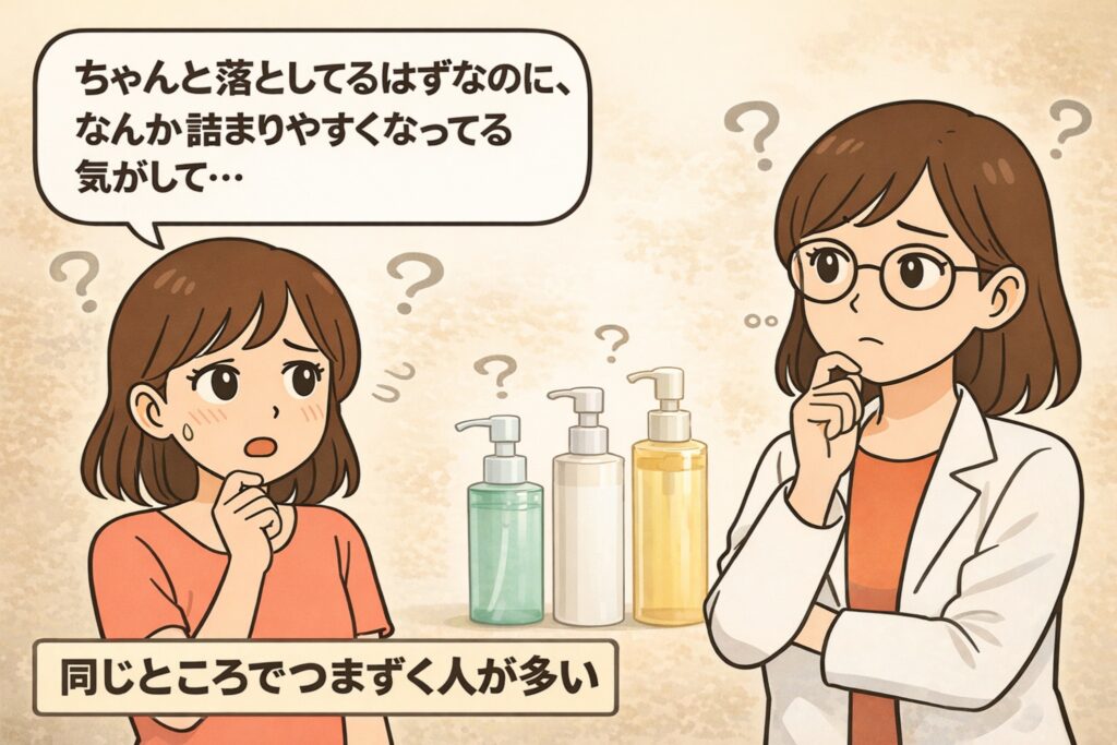 洗顔やクレンジングをきちんと行っているのに毛穴が詰まりやすくなったと悩む女性と、白衣を着た専門家の女性が考え込んでいるイラスト。背景にはクレンジングや洗顔料のボトルが並び、「同じところでつまずく人が多い」というメッセージが描かれている。