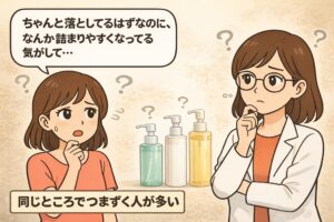 洗顔やクレンジングをきちんと行っているのに毛穴が詰まりやすくなったと悩む女性と、白衣を着た専門家の女性が考え込んでいるイラスト。背景にはクレンジングや洗顔料のボトルが並び、「同じところでつまずく人が多い」というメッセージが描かれている。