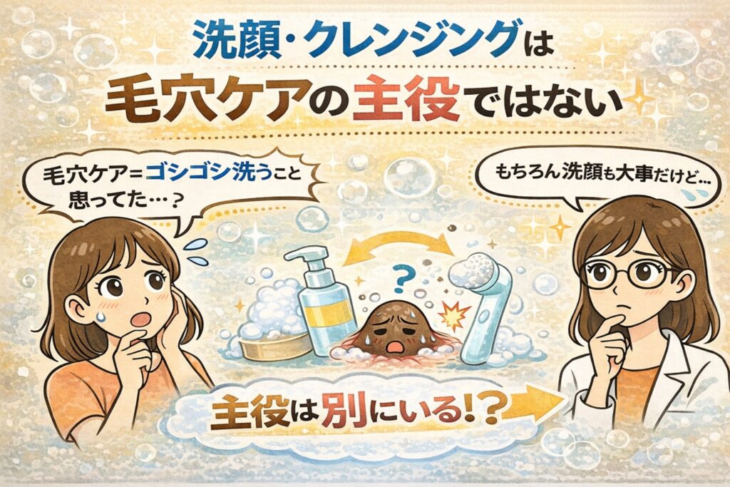 洗顔・クレンジングは毛穴ケアの主役ではないというテーマの日本2Dフラット漫画風アイキャッチ。上部に「洗顔・クレンジングは毛穴ケアの主役ではない」と大きく表示。左側には「毛穴ケア＝ゴシゴシ洗うことと思ってた…？」と困惑する女性、中央には洗顔料・泡・洗顔ブラシと炎症気味の毛穴イラスト、右側には白衣と眼鏡の女性が考え込む様子。下部に「主役は別にいる！？」というメッセージが配置された淡いベージュ背景の図解イラスト。