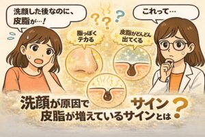 洗顔後に皮脂が増える現象をテーマにした日本2Dフラット漫画風アイキャッチ。左側で「洗顔した後なのに、皮脂が…！」と困惑する女性。中央には脂っぽくテカる鼻のイラストや、毛穴から皮脂が出ている断面図の円形イラストが並び、「脂っぽくテカる」「皮脂がどんどん出てくる」と書かれている。右側には白衣と眼鏡の女性が考え込む表情で「これって…」とつぶやいている。下部に「洗顔が原因で皮脂が増えているサインとは？」という大きな文字が配置された淡いベージュ背景のイラスト。