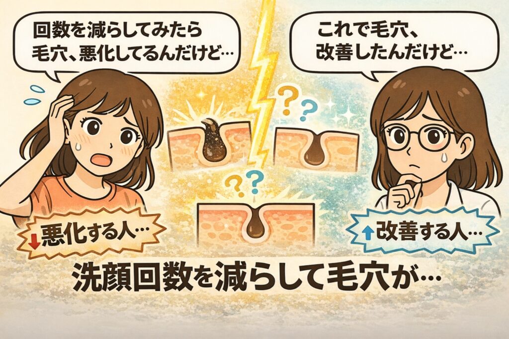 洗顔回数を減らしたときの毛穴の変化をテーマにした日本2Dフラット漫画風アイキャッチ。左側では困惑した女性が「回数を減らしてみたら毛穴、悪化してるんだけど…」と話し、中央に角栓が詰まった毛穴の断面図が描かれている。右側では白衣と眼鏡の女性が「これで毛穴、改善したんだけど…」と考え込む様子。下部に「悪化する人」「改善する人」と対比され、「洗顔回数を減らして毛穴が…」という大きな文字が配置された淡いベージュ背景のイラスト。