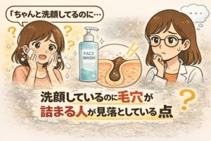 洗顔しているのに毛穴が詰まる悩みをテーマにした日本2Dフラット漫画風アイキャッチ。左側で泡立てた洗顔料を使って顔を洗う女性が「ちゃんと洗顔してるのに…」と困惑した表情を見せている。中央には「FACE WASH」と書かれたボトルと、角栓が詰まった毛穴の断面図イラスト。右側には白衣と眼鏡をかけた女性が考え込む様子。下部に「洗顔しているのに毛穴が詰まる人が見落としている点」という大きなタイトル文字が配置された淡いベージュ背景のイラスト。