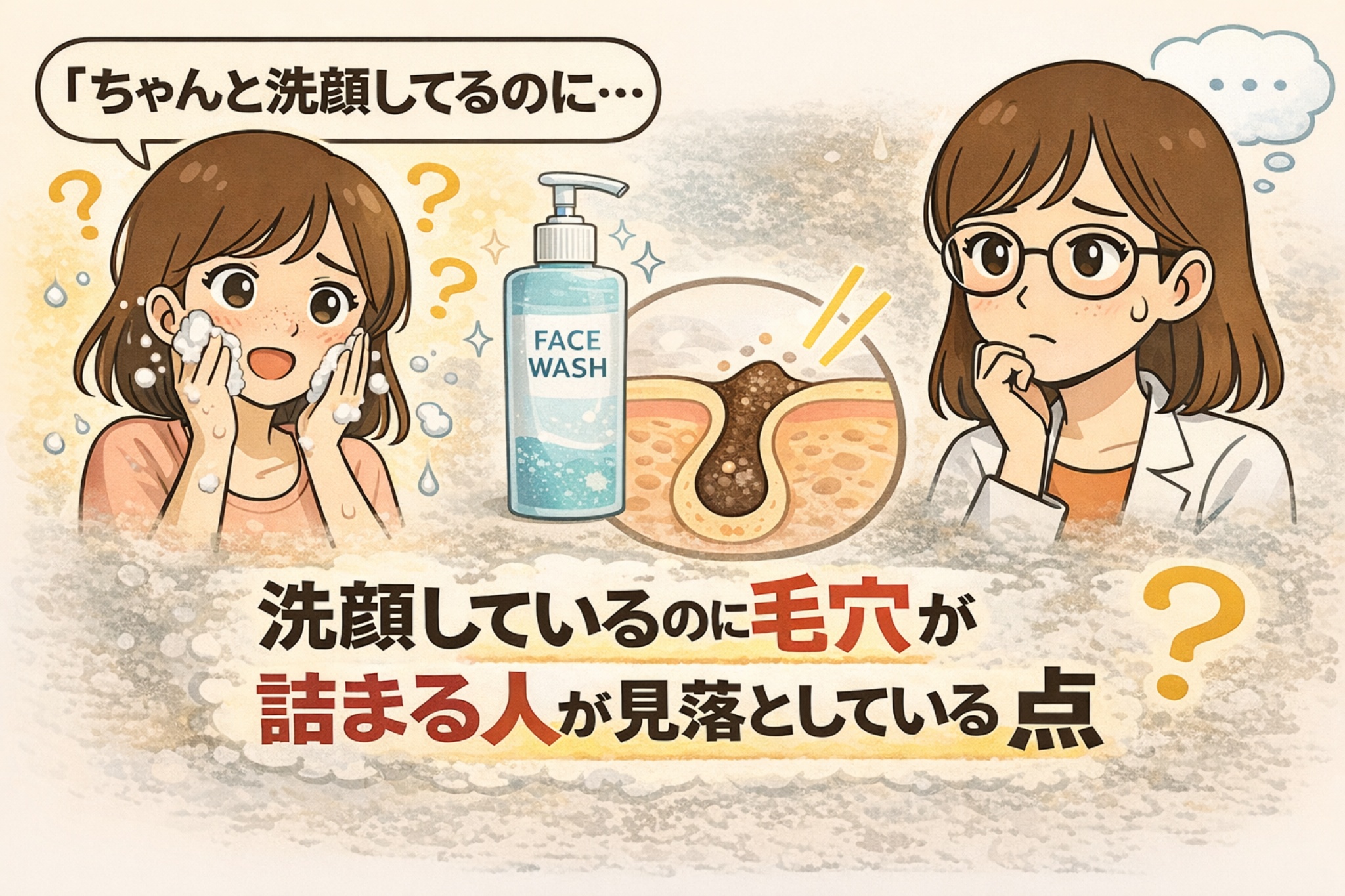 洗顔しているのに毛穴が詰まる悩みをテーマにした日本2Dフラット漫画風アイキャッチ。左側で泡立てた洗顔料を使って顔を洗う女性が「ちゃんと洗顔してるのに…」と困惑した表情を見せている。中央には「FACE WASH」と書かれたボトルと、角栓が詰まった毛穴の断面図イラスト。右側には白衣と眼鏡をかけた女性が考え込む様子。下部に「洗顔しているのに毛穴が詰まる人が見落としている点」という大きなタイトル文字が配置された淡いベージュ背景のイラスト。