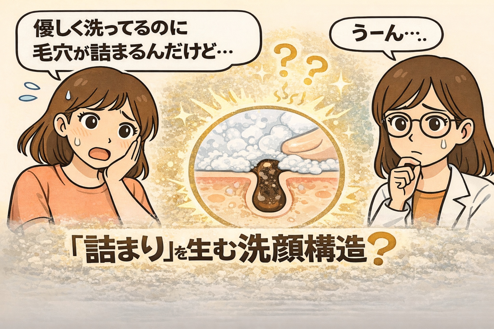 優しく洗っているのに毛穴が詰まる悩みをテーマにした日本2Dフラット漫画風アイキャッチ。左側で「優しく洗ってるのに毛穴が詰まるんだけど…」と不安そうな女性。中央には泡と指が触れている毛穴の断面図が描かれ、角栓が詰まった様子を示している。右側には白衣と眼鏡の女性が「うーん…」と考え込む表情。下部に「『詰まり』を生む洗顔構造？」という大きな文字が配置された淡いベージュ背景のイラスト。