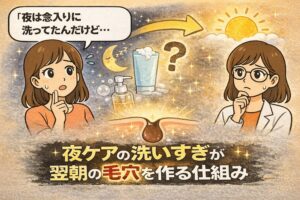 夜のスキンケアで洗いすぎることが翌朝の毛穴に影響する仕組みをテーマにした日本2Dフラット漫画風アイキャッチ。左側で「夜は念入りに洗ってたんだけど…」と話す女性と、月や夜の背景、クレンジングと洗顔料のイラスト。中央には毛穴の断面図。右側には朝日の背景で白衣と眼鏡の女性が考え込む表情。下部に「夜ケアの洗いすぎが翌朝の毛穴を作る仕組み」という大きな文字が配置された淡いベージュ背景のイラスト。