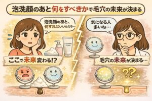 「泡洗顔のあと何をすべきかで毛穴の未来が決まる」をテーマにした日本2D漫画風イラスト。洗顔後のスキンケアや鏡に映る肌状態の違いを左右で比較し、アフターケア次第で毛穴の未来が変わることを示している構図。