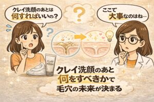 クレイ洗顔の後に何をするべきかを解説するイラスト。左では女性が「クレイ洗顔のあとは何すればいいの？」と疑問を持ち、クレイ洗顔のチューブと泡が描かれている。中央には毛穴の断面図があり、皮脂が詰まった状態からきれいな毛穴へ変化するイメージが矢印で示されている。右側では白衣の女性が「ここで大事なのはね…」と説明しようとしており、「クレイ洗顔のあと何をすべきかで毛穴の未来が決まる」というメッセージを表した解説イメージ。