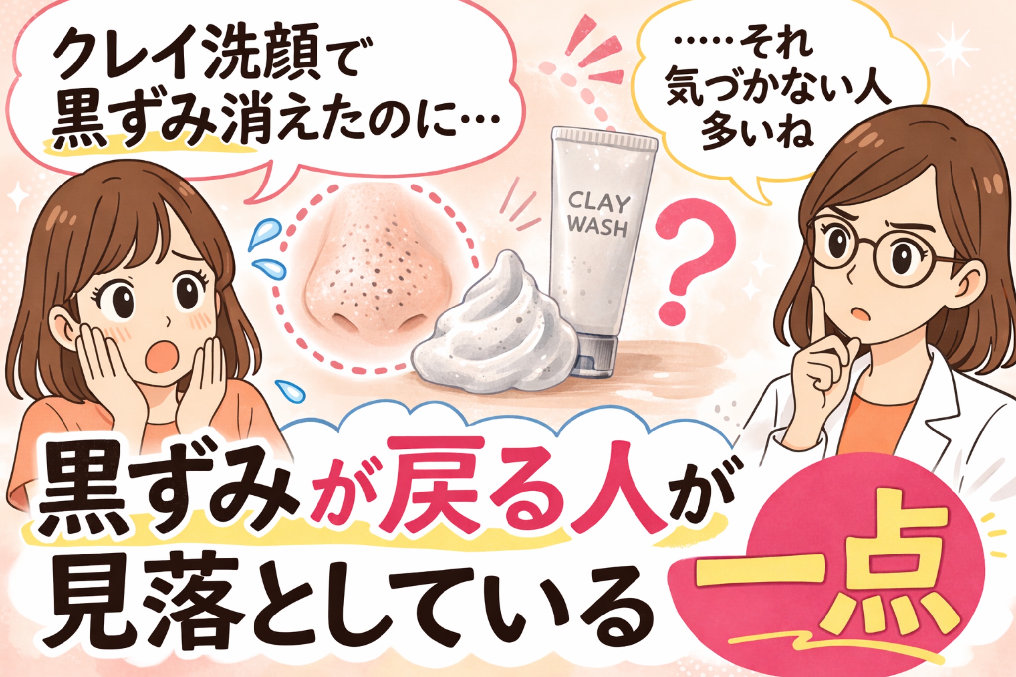 クレイ洗顔で黒ずみが消えたと感じている女性が「クレイ洗顔で黒ずみ消えたのに…」と話しているイラスト。中央には黒ずみがある鼻のイラストとクレイ洗顔のチューブと泡が描かれている。右側では白衣の女性が「それ、気づかない人多いね」と考えている様子。下部には「黒ずみが戻る人が見落としている一点」という文字があり、クレイ洗顔後に黒ずみが再発する理由を示唆する解説イメージ。