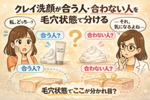 クレイ洗顔が「合う人・合わない人」を毛穴状態で分けるというテーマの解説イラスト。左では女性が「私、どっち…？」と悩み、クレイ洗顔のチューブと泡の横に「合う人？」と表示。右では白衣の女性が「それ、気になるよね…」と考え、「合わない人？」と表示されている。下部には毛穴断面図が描かれ、左は詰まり毛穴、右は皮脂が噴き出す毛穴として比較され、「毛穴状態でここが分かれ目？」と示されている。