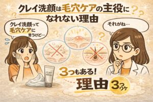 クレイ洗顔が毛穴ケアの主役になれない理由を解説するイラスト。左では女性が「クレイ洗顔って毛穴ケアに言うけど…」と驚き、クレイ洗顔のチューブと泡が描かれている。右側では白衣の女性が「それがね…」と説明しようとしている。中央には毛穴の図が3つ並び、角栓・炎症・皮脂詰まりなどの状態が示され、そのうち2つにバツ印が付いている。下部には「3つもある！理由3つ」と書かれ、クレイ洗顔が毛穴ケアの主役になれない理由を解説する内容を示している。