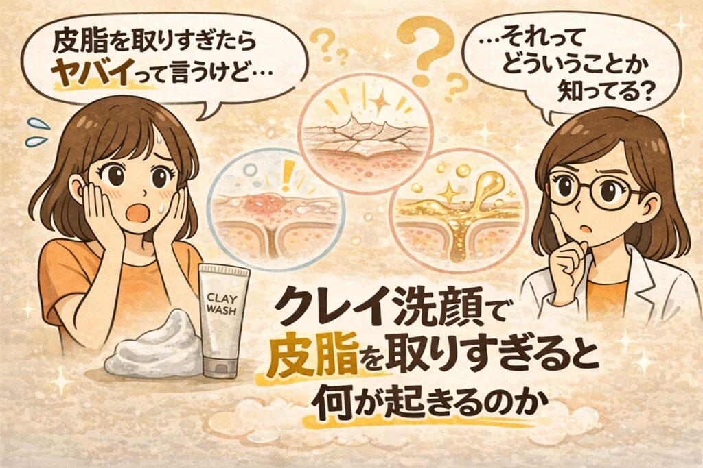 クレイ洗顔で皮脂を取りすぎると何が起きるのかを解説するイラスト。左では女性が「皮脂を取りすぎたらヤバイって言うけど…」と驚いており、クレイ洗顔のチューブと泡が描かれている。右側では白衣の女性が「それってどういうことか知ってる？」と問いかけている。中央には肌の断面図が3つ並び、乾燥した角質層、炎症のある毛穴、皮脂が噴き出す毛穴の状態が示され、「クレイ洗顔で皮脂を取りすぎると何が起きるのか」というテーマを表している。