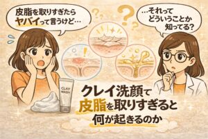 クレイ洗顔で皮脂を取りすぎると何が起きるのかを解説するイラスト。左では女性が「皮脂を取りすぎたらヤバイって言うけど…」と驚いており、クレイ洗顔のチューブと泡が描かれている。右側では白衣の女性が「それってどういうことか知ってる？」と問いかけている。中央には肌の断面図が3つ並び、乾燥した角質層、炎症のある毛穴、皮脂が噴き出す毛穴の状態が示され、「クレイ洗顔で皮脂を取りすぎると何が起きるのか」というテーマを表している。