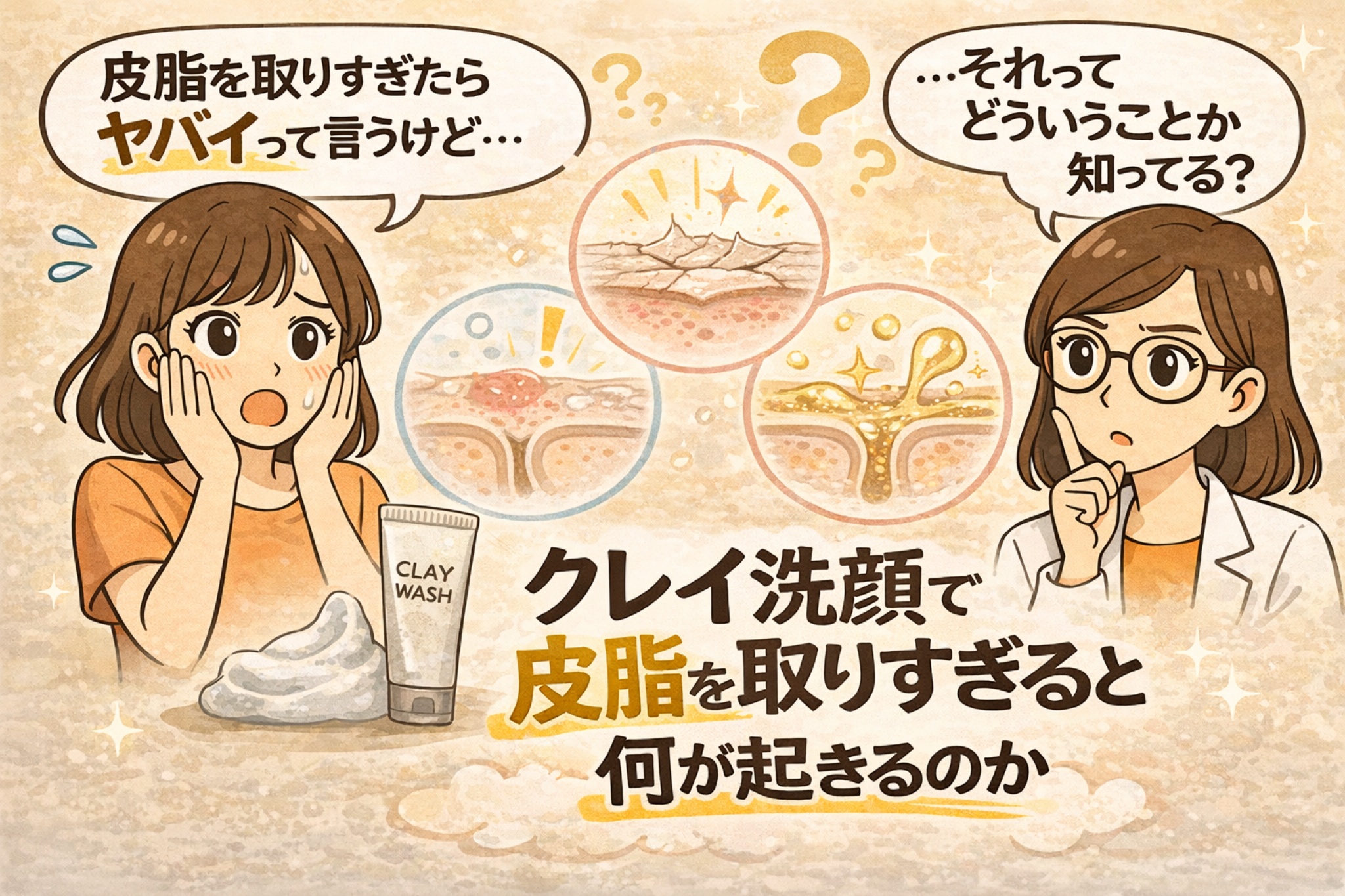 クレイ洗顔で皮脂を取りすぎると何が起きるのかを解説するイラスト。左では女性が「皮脂を取りすぎたらヤバイって言うけど…」と驚いており、クレイ洗顔のチューブと泡が描かれている。右側では白衣の女性が「それってどういうことか知ってる？」と問いかけている。中央には肌の断面図が3つ並び、乾燥した角質層、炎症のある毛穴、皮脂が噴き出す毛穴の状態が示され、「クレイ洗顔で皮脂を取りすぎると何が起きるのか」というテーマを表している。