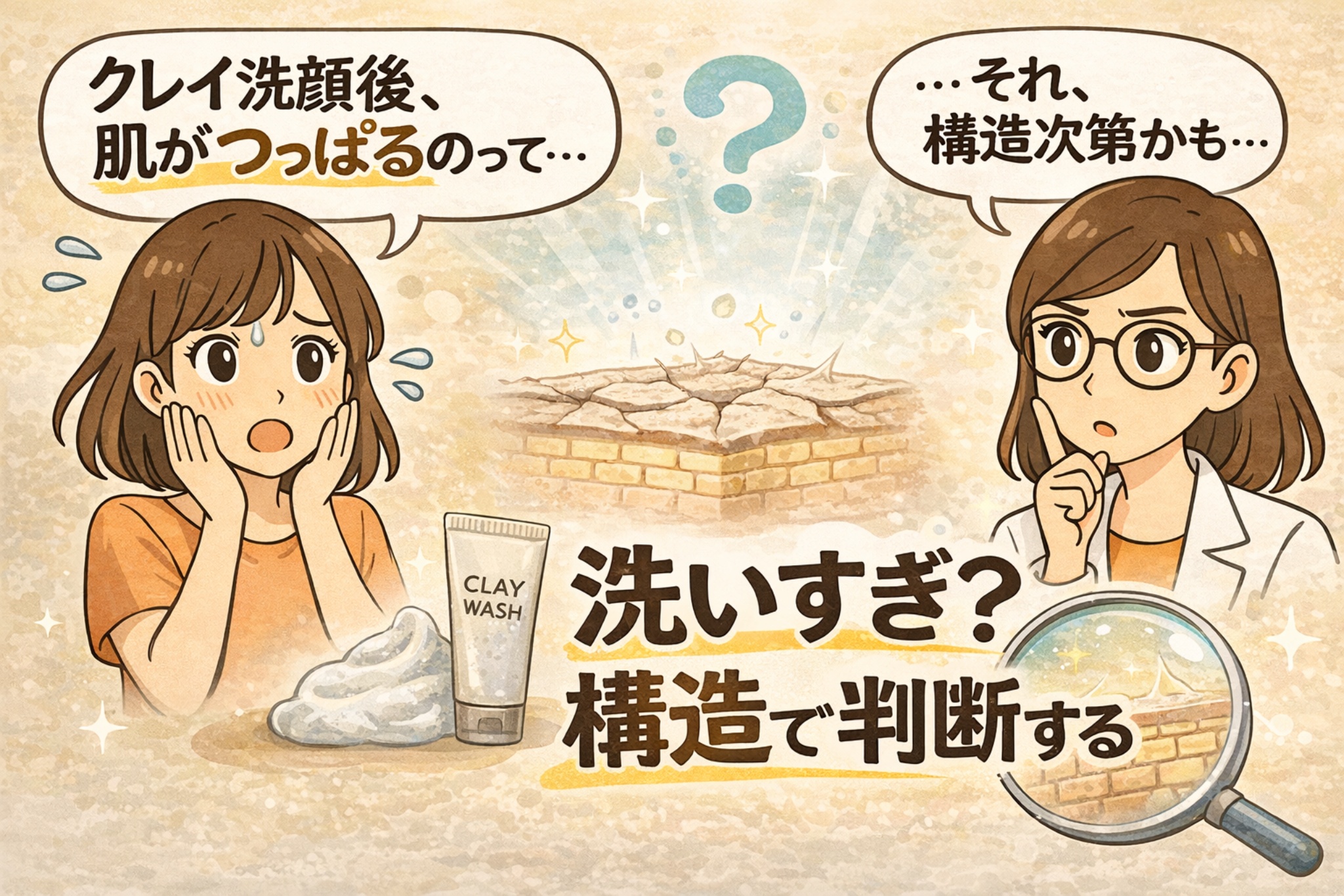 クレイ洗顔後に肌がつっぱると感じる女性が「クレイ洗顔後、肌がつっぱるのって…」と悩んでいるイラスト。横にはクレイ洗顔のチューブと泡が描かれている。右側では白衣の女性が「それ、構造次第かも…」と考えている様子。中央には角質構造のイメージ図、下部には「洗いすぎ?構造で判断する」という文字と拡大鏡で肌構造を観察する図が描かれ、クレイ洗顔と肌のつっぱりの関係を説明するイメージ。