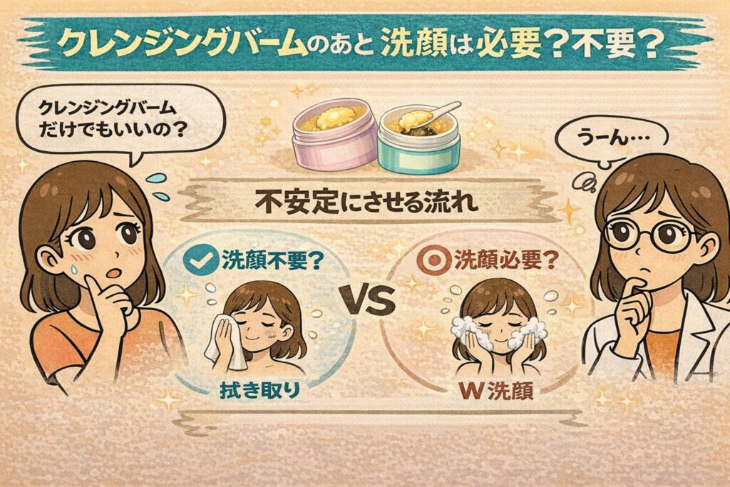 クレンジングバームの後に洗顔が必要か不要かを比較する日本2Dフラット漫画風アイキャッチ。上部に「クレンジングバームのあと洗顔は必要？不要？」と表示。中央に「不安定にさせる流れ」と書かれ、左側には「洗顔不要？」として拭き取りのみのイラスト、右側には「洗顔必要？」としてW洗顔のイラストが描かれている。左右に困惑する女性と白衣・眼鏡の女性が配置された淡いベージュ背景の図解イラスト。