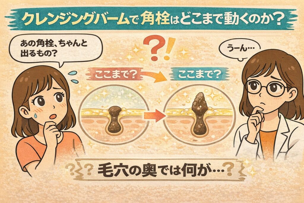 クレンジングバームで角栓がどこまで動くのかを解説する日本2Dフラット漫画風アイキャッチ。上部に「クレンジングバームで角栓はどこまで動くのか？」と表示。中央に毛穴の断面図が2段階で描かれ、角栓が上に動く様子が矢印で示されている。左側には「ちゃんと出るもの？」と疑問を抱く女性、右側には白衣と眼鏡の女性が考え込む表情。下部に「毛穴の奥では何が…？」というメッセージが配置された淡いベージュ背景の図解イラスト。