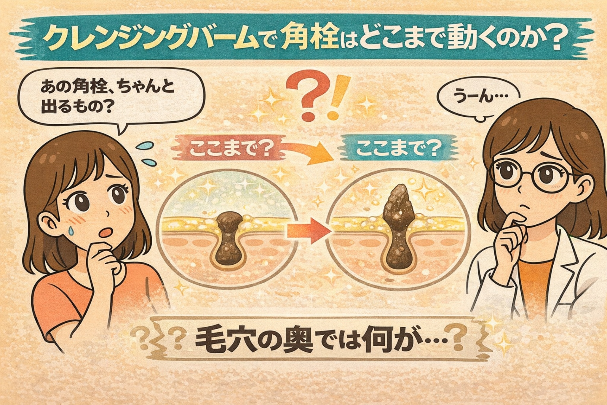 クレンジングバームで角栓がどこまで動くのかを解説する日本2Dフラット漫画風アイキャッチ。上部に「クレンジングバームで角栓はどこまで動くのか？」と表示。中央に毛穴の断面図が2段階で描かれ、角栓が上に動く様子が矢印で示されている。左側には「ちゃんと出るもの？」と疑問を抱く女性、右側には白衣と眼鏡の女性が考え込む表情。下部に「毛穴の奥では何が…？」というメッセージが配置された淡いベージュ背景の図解イラスト。
