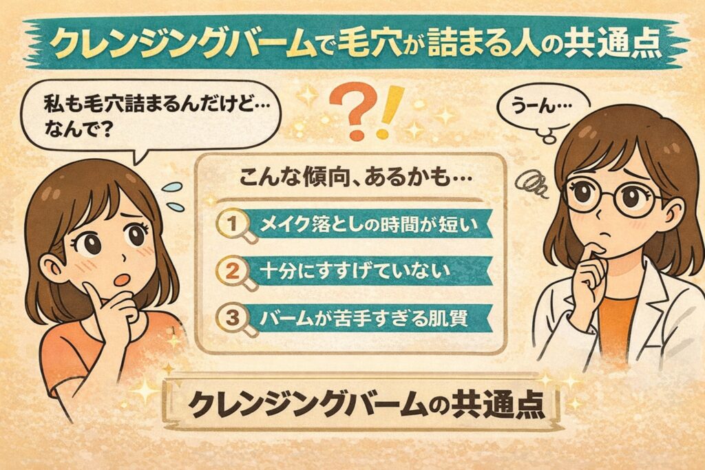 クレンジングバームで毛穴が詰まる人の共通点を解説する日本2Dフラット漫画風アイキャッチ。上部に「クレンジングバームで毛穴が詰まる人の共通点」と表示。中央に「こんな傾向、あるかも…」として①メイク落としの時間が短い ②十分にすすげていない ③バームが苦手すぎる肌質 の3項目が示されている。左右に疑問を抱く女性と白衣・眼鏡の女性が配置された淡いベージュ背景の図解イラスト。