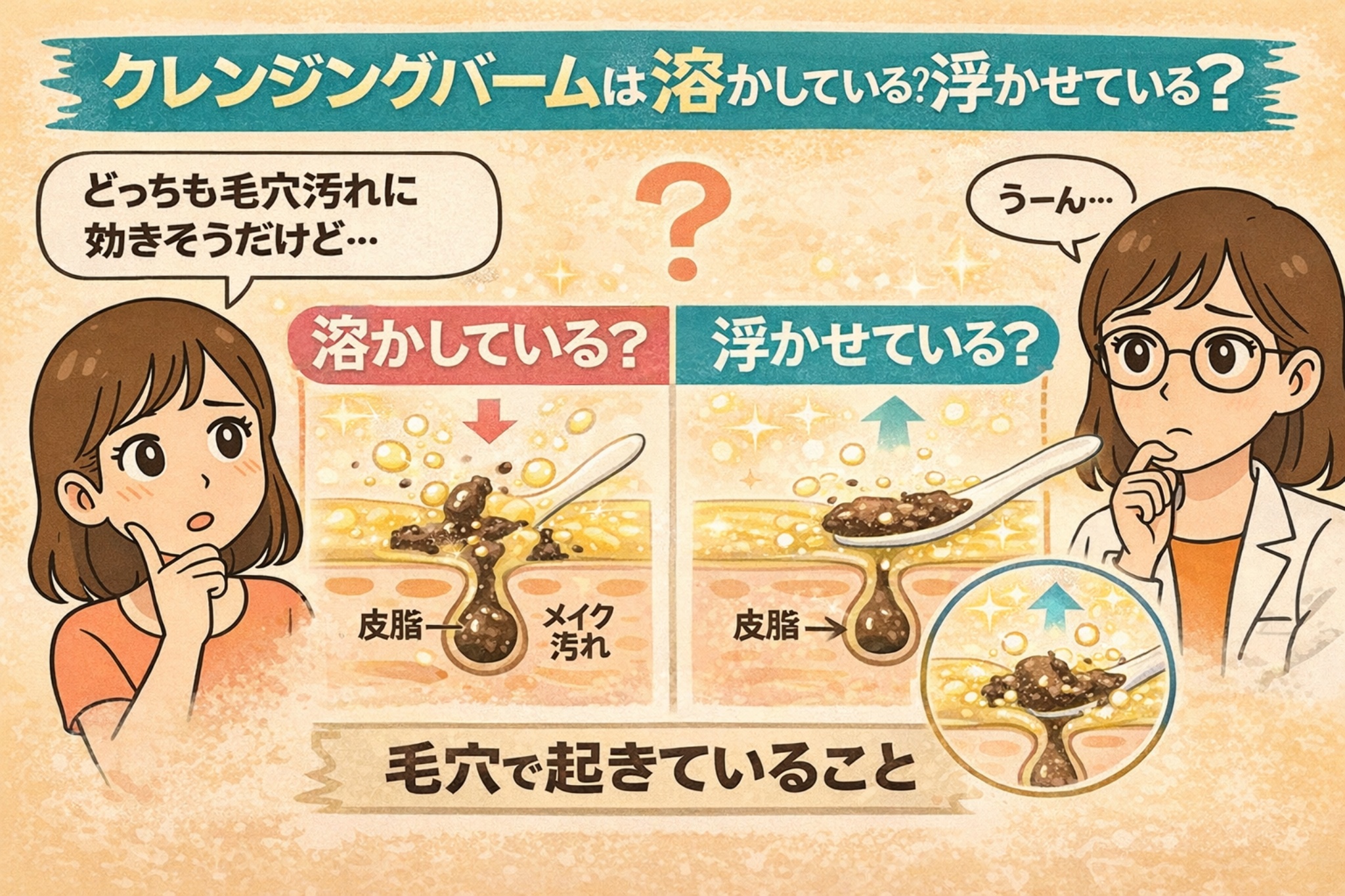 クレンジングバームがメイク汚れを「溶かしている」のか「浮かせている」のかを比較解説する日本2Dフラット漫画風アイキャッチ。上部に「クレンジングバームは溶かしている？浮かせている？」と表示。中央に毛穴の断面図が2パターン描かれ、左は溶かしているイメージ、右は浮かせているイメージとしてスプーンで汚れを持ち上げる様子が示されている。左右に疑問を抱く女性と白衣・眼鏡の女性が配置された淡いベージュ背景の図解イラスト。