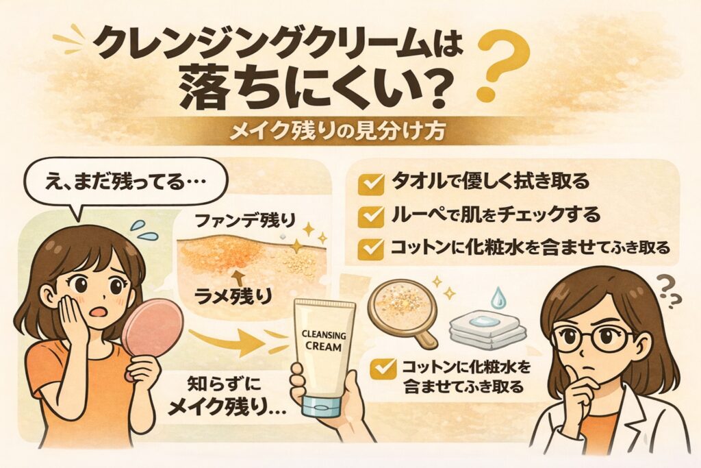 クレンジングクリームはメイクが落ちにくいのかを解説するイラスト。左では女性が鏡を見ながら「え、まだ残ってる…」と驚いており、肌の拡大図にはファンデ残りやラメ残りが描かれている。中央にはクレンジングクリームのチューブが表示され、「知らずにメイク残り」という状況を示している。右側では白衣の女性がメイク残りの見分け方として「タオルで優しく拭き取る」「ルーペで肌をチェックする」「コットンに化粧水を含ませて拭き取る」などのポイントを説明している。タイトルは「クレンジングクリームは落ちにくい？メイク残りの見分け方」。
