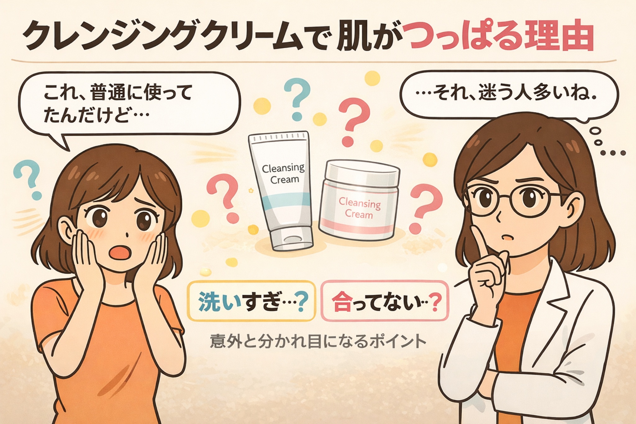 クレンジングクリームで肌がつっぱる理由を解説するイラスト。左では女性が「これ、普通に使ってたんだけど…」と困った表情をしており、中央にはクレンジングクリームのチューブとジャー容器が描かれている。右側では白衣の女性が「それ、迷う人多いね」と考えている様子。下部には「洗いすぎ？」「合ってない？」という選択肢が示され、「意外と分かれ目になるポイント」としてクレンジングクリームによる肌のつっぱりの原因を解説する内容を表している。