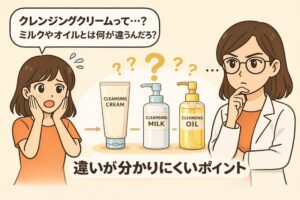 クレンジングクリーム・クレンジングミルク・クレンジングオイルの違いを解説するイラスト。左では女性が「クレンジングクリームって…？ミルクやオイルとは何が違うんだろ？」と疑問を持っている。中央にはクレンジングクリーム、クレンジングミルク、クレンジングオイルの3つのボトルが並び、上に複数の疑問符が表示されている。右側では白衣の女性が考えながら説明しようとしている様子。下部には「違いが分かりにくいポイント」という文字があり、クレンジングの種類の違いを分かりやすく解説する内容を示している。