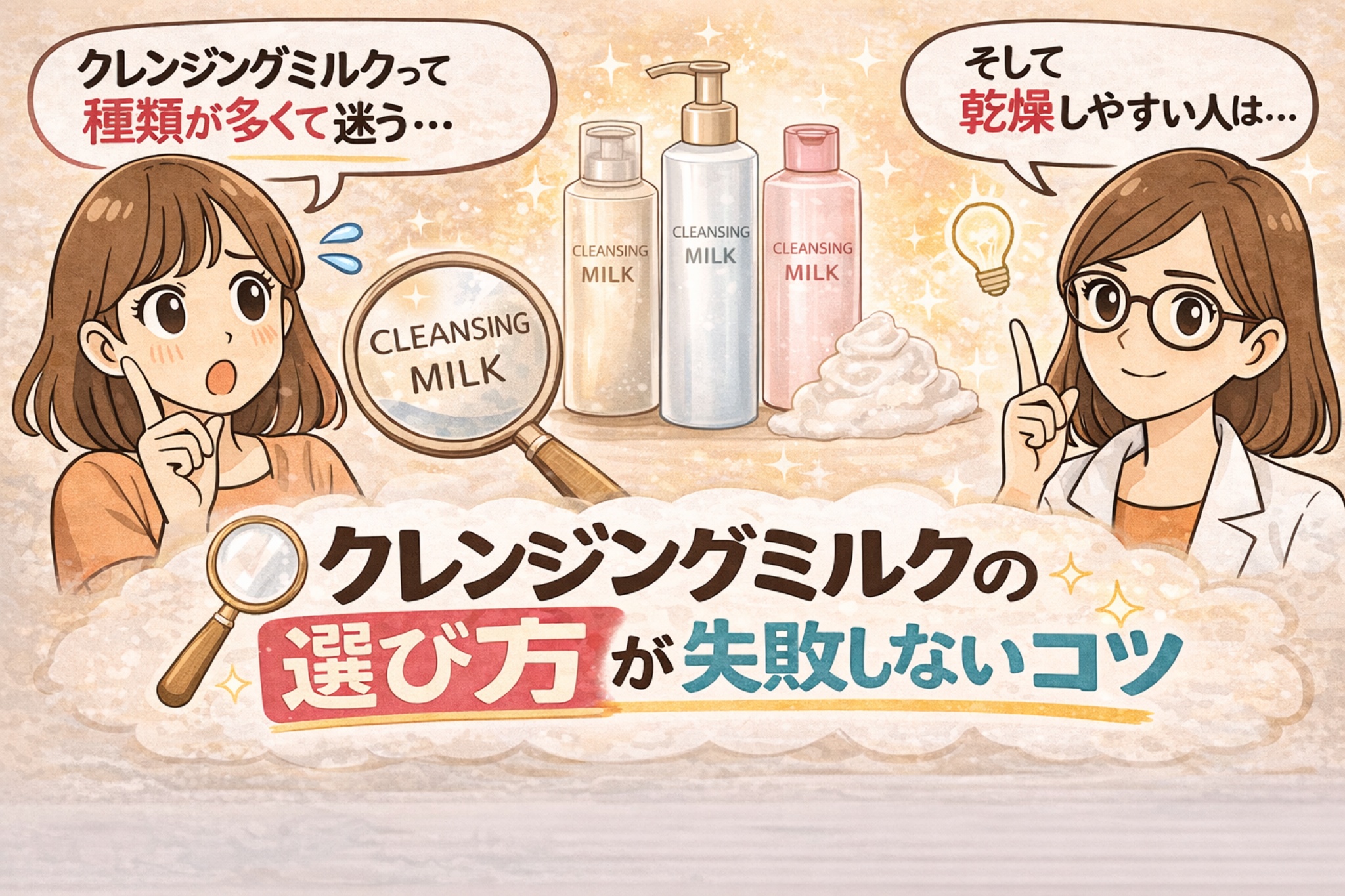 クレンジングミルクの選び方を解説するイラスト。左では女性が「クレンジングミルクって種類が多くて迷う…」と悩んでいる。中央には複数のクレンジングミルクのボトルと泡が描かれ、虫眼鏡で「CLEANSING MILK」と表示されている。右側では白衣の女性が「そして乾燥しやすい人は…」とアドバイスしている様子。下部には「クレンジングミルクの選び方が失敗しないコツ」というタイトルがあり、肌質に合わせたクレンジングミルクの選び方を解説する内容を示している。