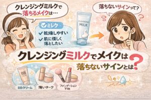 クレンジングミルクで落ちるメイクと落ちにくいメイクを解説するイラスト。左では女性が「クレンジングミルクで落ちるメイクは…」と話しており、中央にクレンジングミルクのチューブが描かれている。右では女性が「落ちないサインって？」と疑問を持っている。下部にはBBクリーム、薄いチーク、ファンデーション下地などのメイクアイテムが表示され、「クレンジングミルクでメイクは？落ちないサインとは」というテーマでクレンジングミルクの適したメイク範囲を解説する内容を表している。