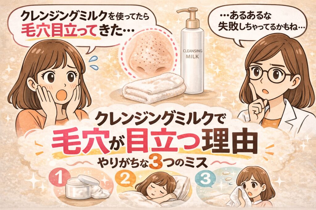 クレンジングミルクを使っているのに毛穴が目立ってくる理由を解説するイラスト。左では女性が「クレンジングミルクを使ってたら毛穴目立ってきた…」と悩んでいる。中央には毛穴が目立つ鼻のイラストとクレンジングミルクのポンプボトル、タオルが描かれている。右では白衣の女性が「あるあるな失敗しちゃってるかもね」と説明している様子。下部には「クレンジングミルクで毛穴が目立つ理由 やりがちな3つのミス」というタイトルと、クリーム、睡眠、タオル拭き取りなどを示すイラストが並び、クレンジング時のミスを解説する内容を表している。