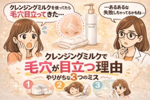クレンジングミルクを使っているのに毛穴が目立ってくる理由を解説するイラスト。左では女性が「クレンジングミルクを使ってたら毛穴目立ってきた…」と悩んでいる。中央には毛穴が目立つ鼻のイラストとクレンジングミルクのポンプボトル、タオルが描かれている。右では白衣の女性が「あるあるな失敗しちゃってるかもね」と説明している様子。下部には「クレンジングミルクで毛穴が目立つ理由 やりがちな3つのミス」というタイトルと、クリーム、睡眠、タオル拭き取りなどを示すイラストが並び、クレンジング時のミスを解説する内容を表している。