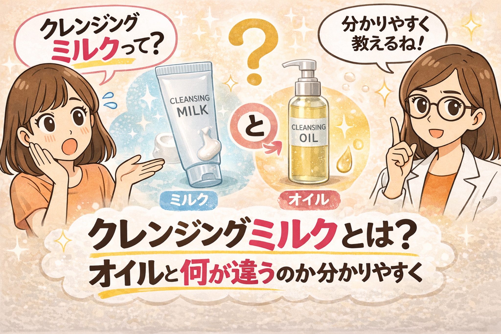 クレンジングミルクとクレンジングオイルの違いを解説するイラスト。左では女性が「クレンジングミルクって？」と疑問を持ち、中央にはクレンジングミルクのチューブとクレンジングオイルのポンプボトルが並んでいる。右側では白衣の女性が「分かりやすく教えるね！」と説明している様子。下部には「クレンジングミルクとは？オイルと何が違うのか分かりやすく」というタイトルがあり、クレンジングの種類の違いを解説する内容を示している。