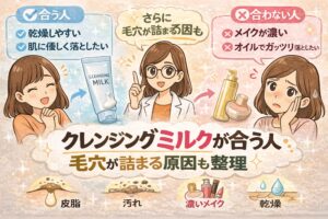 クレンジングミルクが合う人と合わない人を解説するイラスト。左側には「合う人」として「乾燥しやすい」「肌に優しく落としたい」と書かれ、女性とクレンジングミルクのチューブが描かれている。中央では白衣の女性が「さらに毛穴が詰まる因も」と説明している。右側には「合わない人」として「メイクが濃い」「オイルでガッツリ落としたい」と表示され、クレンジングオイルと困った表情の女性が描かれている。下部には皮脂・汚れ・濃いメイク・乾燥など毛穴詰まりの原因アイコンが並び、「クレンジングミルクが合う人・毛穴が詰まる原因も整理」というテーマを示している。
