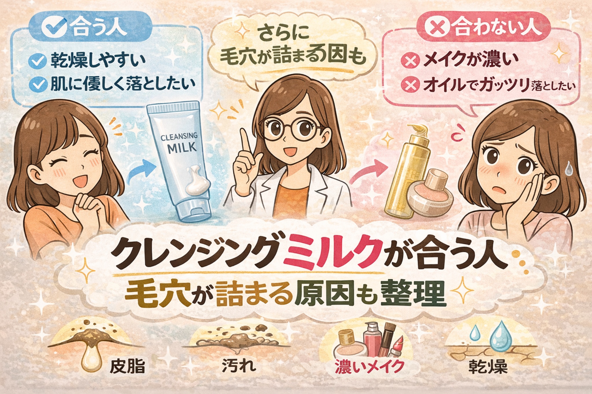 クレンジングミルクが合う人と合わない人を解説するイラスト。左側には「合う人」として「乾燥しやすい」「肌に優しく落としたい」と書かれ、女性とクレンジングミルクのチューブが描かれている。中央では白衣の女性が「さらに毛穴が詰まる因も」と説明している。右側には「合わない人」として「メイクが濃い」「オイルでガッツリ落としたい」と表示され、クレンジングオイルと困った表情の女性が描かれている。下部には皮脂・汚れ・濃いメイク・乾燥など毛穴詰まりの原因アイコンが並び、「クレンジングミルクが合う人・毛穴が詰まる原因も整理」というテーマを示している。