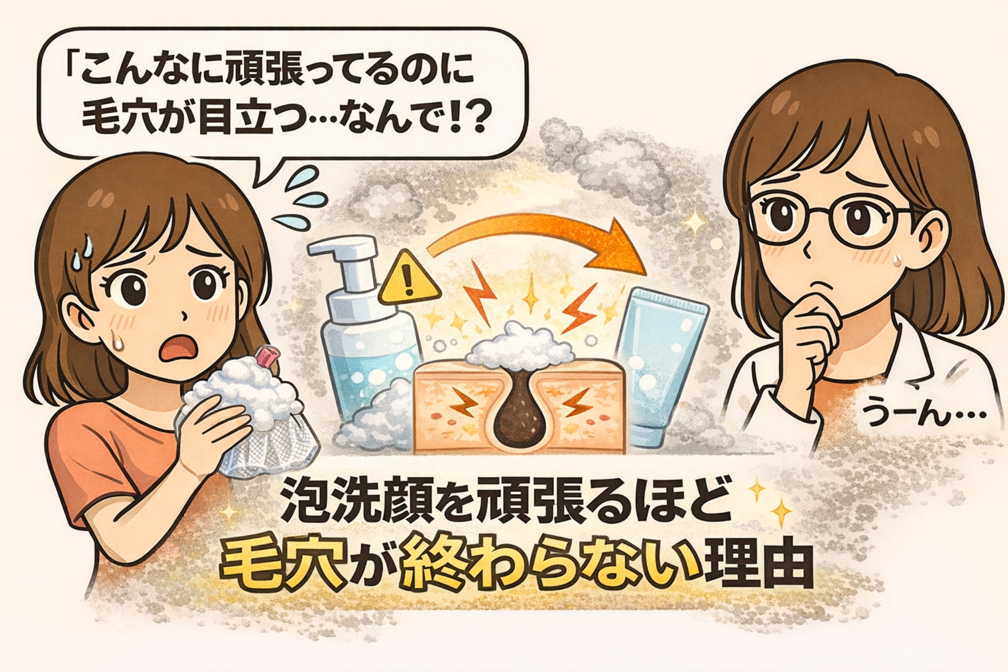 「こんなに頑張ってるのに毛穴が目立つのはなぜ?」と悩む女性と、泡洗顔料やスキンケアチューブ、刺激を受けた毛穴断面図を描いた日本2D漫画風イラスト。泡洗顔を頑張るほど毛穴が終わらない理由を示唆する構図になっている。