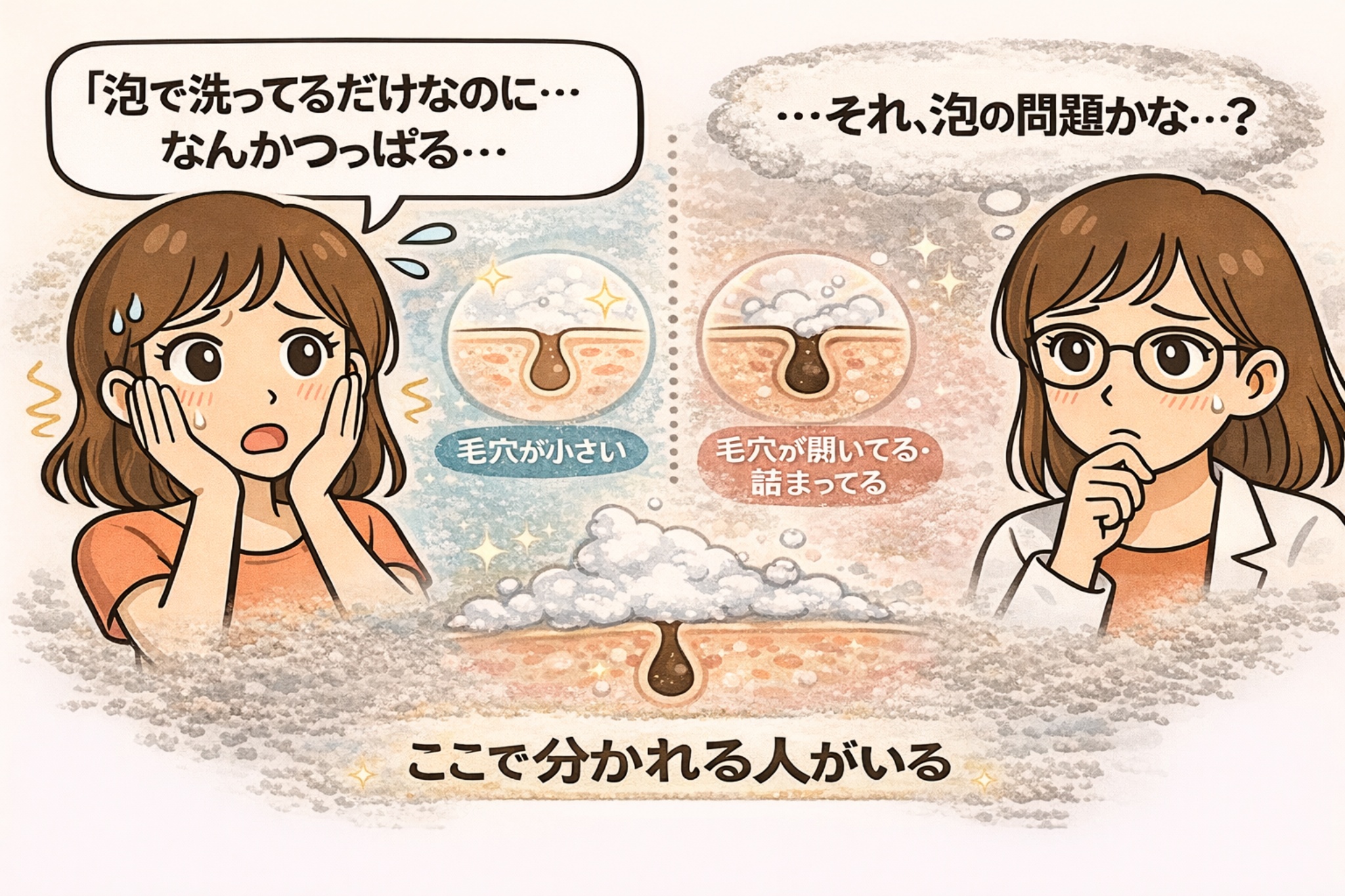 「泡で洗っているだけなのにつっぱる」と悩む女性と、毛穴が小さい肌と毛穴が開いて詰まっている肌を比較した日本2D漫画風イラスト。泡洗顔後のつっぱり感で合う人・合わない人が分かれることを示す構図。