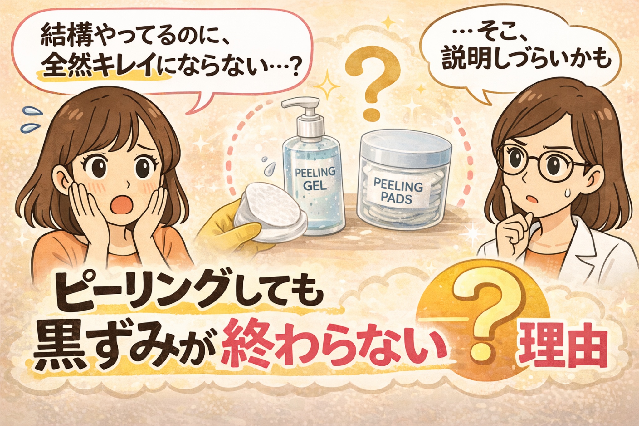 ピーリングをしているのに黒ずみが改善しない理由を解説するイラスト。左では女性が「結構やってるのに、全然キレイにならない…？」と悩んでおり、中央にはピーリングジェルとピーリングパッド、コットンが描かれている。右側では白衣の女性が「そこ、説明しづらいかも」と考えている様子。下部には「ピーリングしても黒ずみが終わらない理由」という文字があり、ピーリングと毛穴黒ずみの関係を解説する内容を表している。