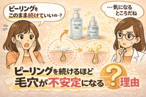 ピーリングを続けることで毛穴が不安定になる理由を解説するイラスト。左では女性が「ピーリングをこのまま続けていいの…？」と悩んでおり、中央にはピーリングジェルと美容液のボトル、毛穴の断面図が矢印で変化する様子が描かれている。右側では白衣の女性が「気になるところだね」と考えている様子。下部には「ピーリングを続けるほど毛穴が不安定になる理由」という文字があり、ピーリングと毛穴状態の関係を説明する内容を表している。