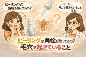 ピーリングが角栓を取っているのかをテーマにした解説イラスト。左では女性が「ピーリングって角栓を取ってるの？」と疑問を持ち、ピーリング美容液のボトルが描かれている。中央にはスポイトで液体が垂れる様子と、毛穴に詰まった角栓の断面図が示されている。右側では白衣の女性が「そこで起きていることはね…」と説明しようとしている。下部には「ピーリングは角栓を取ってるの？毛穴で起きていること」という文字があり、ピーリングと角栓の関係を解説する内容を表している。