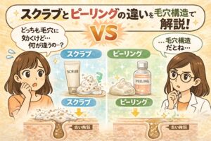 スクラブとピーリングの違いを毛穴構造で比較する解説イラスト。中央に「VS」と表示され、左側にスクラブ洗顔（粒入りの泡とチューブ）、右側にピーリング液のボトルとジェルが描かれている。下部には毛穴断面図があり、スクラブは古い角質を物理的に削る様子、ピーリングは化学的に角質を分解する様子が示されている。左右には女性と白衣の女性が会話しており、「どっちも毛穴に効くけど何が違うの？」という疑問に対し、毛穴構造の観点から違いを解説する内容を表している。