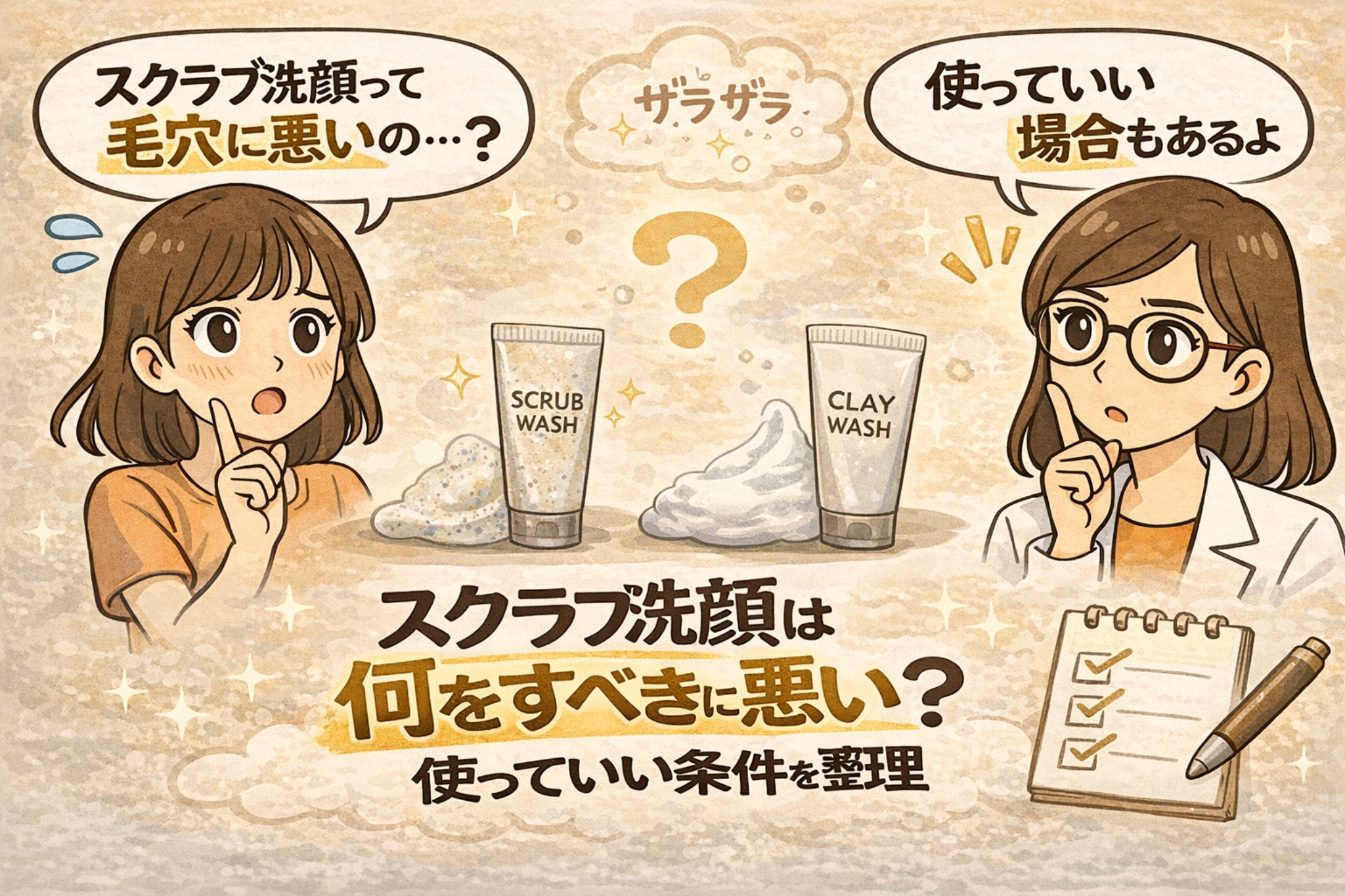 スクラブ洗顔が毛穴に悪いのかをテーマにした解説イラスト。左では女性が「スクラブ洗顔って毛穴に悪いの…?」と疑問を持っており、中央にはスクラブ洗顔とクレイ洗顔のチューブと泡が並んでいる。右側では白衣の女性が「使っていい場合もあるよ」と説明している。下部には「スクラブ洗顔は何をすべきに悪い?使っていい条件を整理」という文字とチェックリストのイラストがあり、スクラブ洗顔を使う条件を解説する内容を表している。
