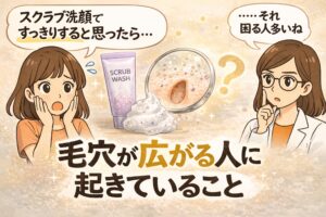 スクラブ洗顔で毛穴が広がる人に起きていることを解説するイラスト。左では女性が「スクラブ洗顔ですっきりすると思ったら…」と驚き、中央にはスクラブ洗顔のチューブと泡、拡大された毛穴の図が描かれている。右側では白衣の女性が「それ困る人多いね」と説明している様子。下部には「毛穴が広がる人に起きていること」という文字があり、スクラブ洗顔による毛穴変化の原因を示唆する解説イメージ。