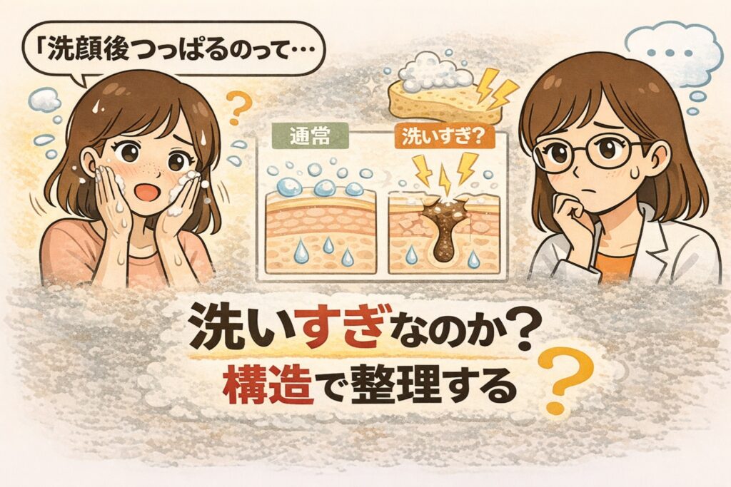 洗顔後のつっぱり感と洗いすぎの可能性をテーマにした日本2Dフラット漫画風アイキャッチ。左側で泡をつけて洗顔する女性が「洗顔後つっぱるのって…」と不安そうな表情を見せている。中央には「通常」と「洗いすぎ？」と比較された毛穴の断面図イラストとスポンジの図解。右側には白衣と眼鏡をかけた女性が考え込む様子。下部に「洗いすぎなのか？構造で整理する」という大きな文字が配置された淡いベージュ背景のイラスト。