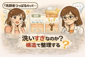 洗顔後のつっぱり感と洗いすぎの可能性をテーマにした日本2Dフラット漫画風アイキャッチ。左側で泡をつけて洗顔する女性が「洗顔後つっぱるのって…」と不安そうな表情を見せている。中央には「通常」と「洗いすぎ？」と比較された毛穴の断面図イラストとスポンジの図解。右側には白衣と眼鏡をかけた女性が考え込む様子。下部に「洗いすぎなのか？構造で整理する」という大きな文字が配置された淡いベージュ背景のイラスト。