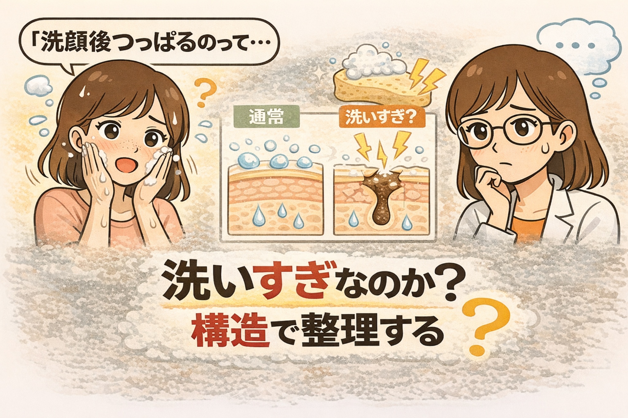 洗顔後のつっぱり感と洗いすぎの可能性をテーマにした日本2Dフラット漫画風アイキャッチ。左側で泡をつけて洗顔する女性が「洗顔後つっぱるのって…」と不安そうな表情を見せている。中央には「通常」と「洗いすぎ?」と比較された毛穴の断面図イラストとスポンジの図解。右側には白衣と眼鏡をかけた女性が考え込む様子。下部に「洗いすぎなのか?構造で整理する」という大きな文字が配置された淡いベージュ背景のイラスト。