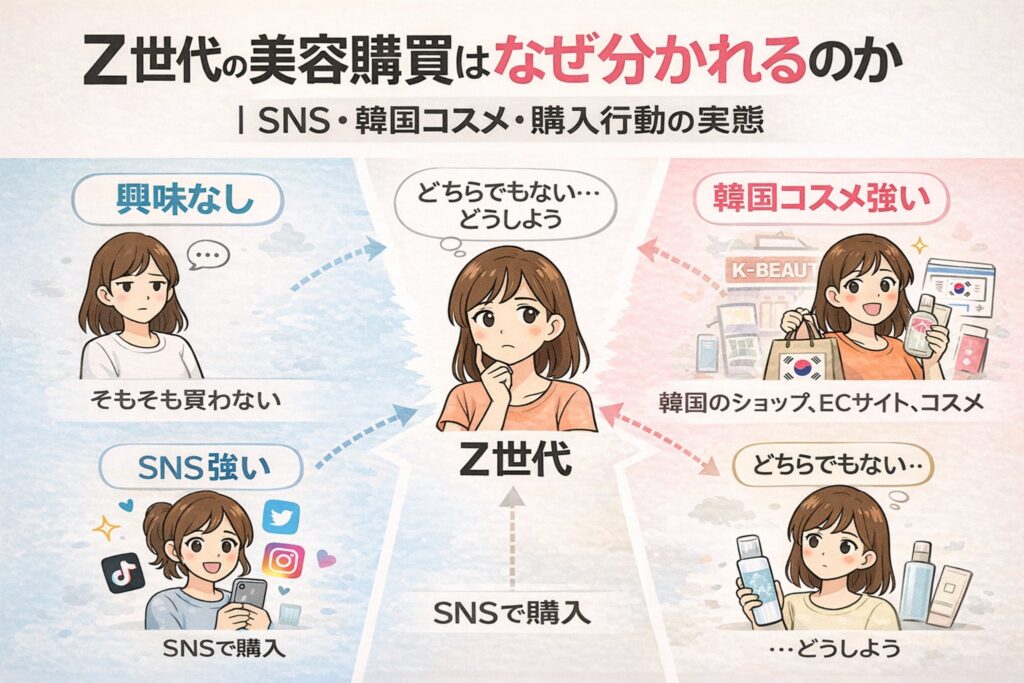 Z世代の美容購買が分かれる理由を示した全体図。中央に「Z世代」があり、周囲に「興味なし（そもそも買わない）」「SNSで購入（SNS強い）」「韓国コスメ強い（韓国ショップ・EC・コスメ）」「どちらでもない」など複数の行動パターンが配置されている。矢印でそれぞれの分岐がつながれ、「SNS・韓国コスメ・購買行動の実態」としてZ世代の美容購買が多層的に分断されていることを示している図解。