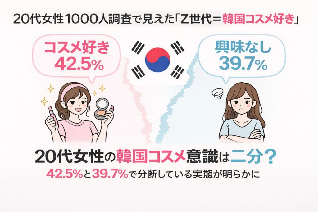 20代女性1000人の調査結果をもとに、Z世代の韓国コスメへの意識を示した図解。左には韓国コスメ好き42.5%の女性が描かれ、右には興味なし39.7%の女性が対比されている。中央には韓国国旗が配置され、両者の間に分断を示すビジュアルが入っている。下部には「20代女性の韓国コスメ意識は二分？42.5%と39.7%で分断している実態が明らかに」と記載された調査結果イメージ。