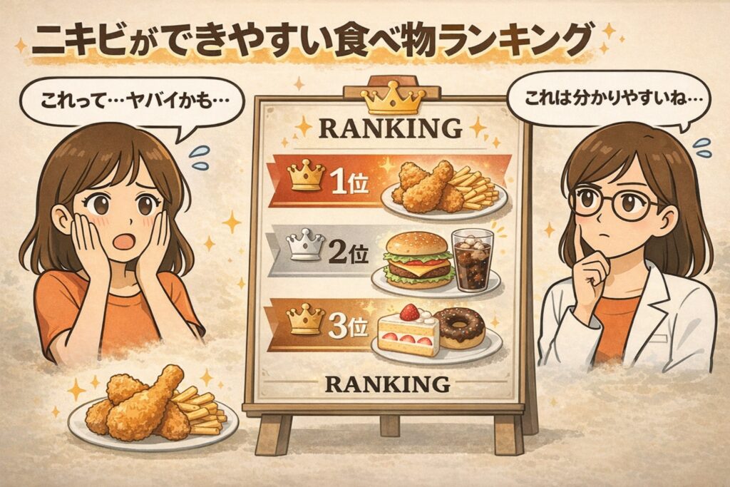 ニキビができやすい食べ物ランキングを示した図解イラスト。1位に揚げ物、2位にハンバーガーと炭酸飲料、3位にケーキやドーナツなどがランキング形式で表示され、食事とニキビの関係を分かりやすく示している。