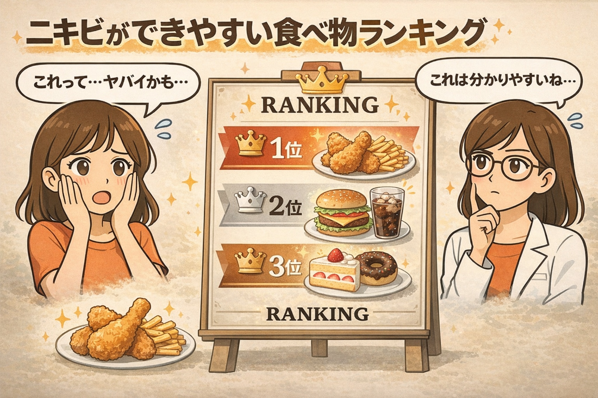 ニキビができやすい食べ物ランキングを示した図解イラスト。1位に揚げ物、2位にハンバーガーと炭酸飲料、3位にケーキやドーナツなどがランキング形式で表示され、食事とニキビの関係を分かりやすく示している。