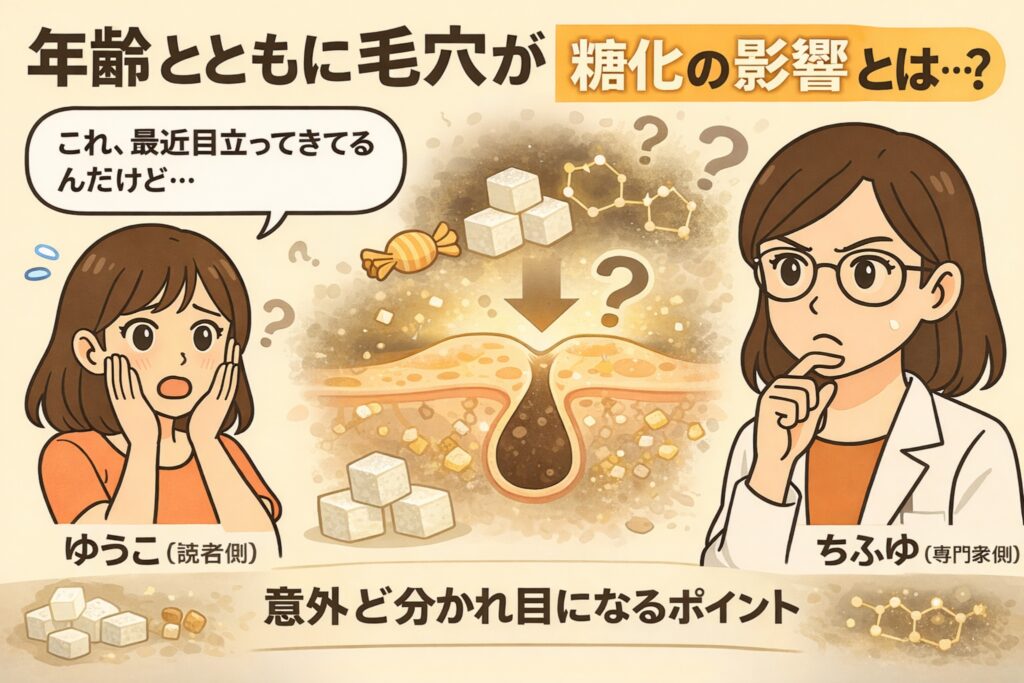 年齢とともに目立つ毛穴と糖化の影響を解説した図解イラスト。砂糖や分子構造のイメージから毛穴の黒ずみにつながる流れが描かれ、悩む女性（ゆうこ）と解説する白衣の女性（ちふゆ）が対比されている。「糖化の影響とは？」というテーマが示されている。